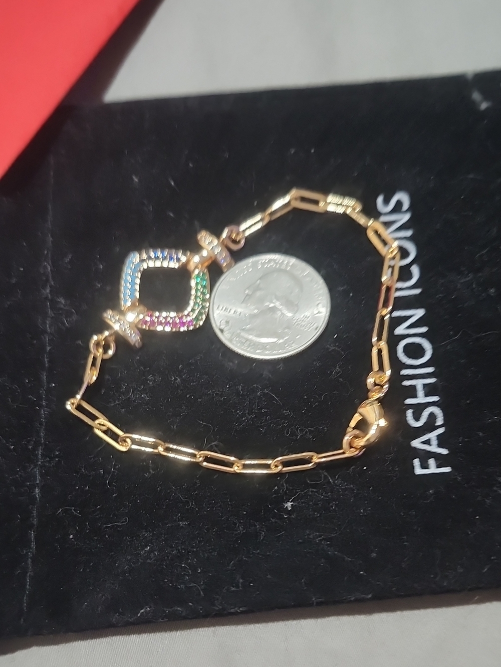 Gold Link Bracelet with Multicolor Pave Charm -